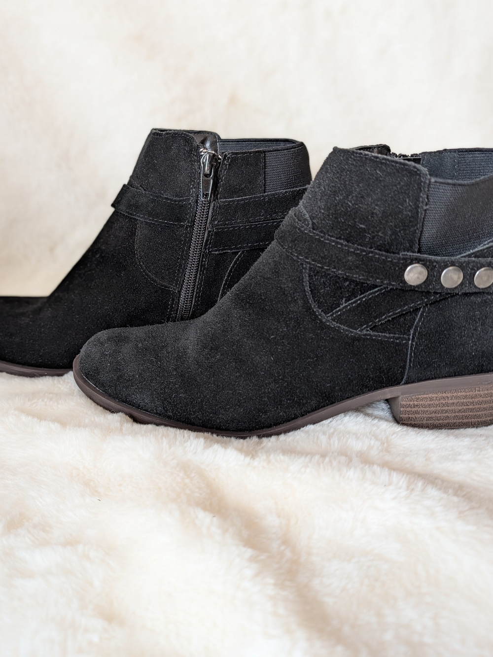 Kensie Black Suede Ankle Booties with Stud Accent